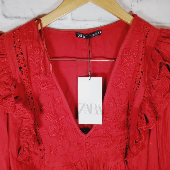 zara embroidered frilled top size medium nwt blouse with buttons - Picture 3 of 6